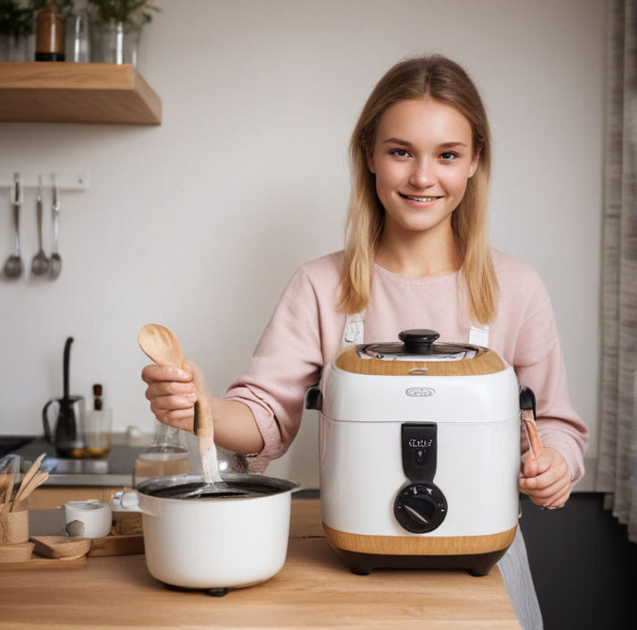 A Swedish teen stands proudly by a modern rice cooker, smiling as they hold a wooden spoon, ready to stir.